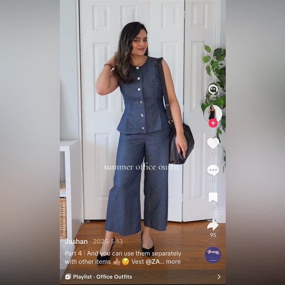 Tailored Sleeveless Button-Front Denim Vest & Wide-Leg Pants Set - Denim - Picture 11 of 15